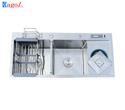 Chậu rửa bát Kagol đúc inox hai hố có bàn, cài dao cài thớt (KT:100x45x24cm)