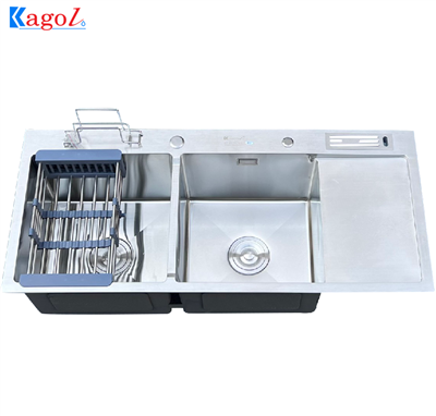 Chậu rửa bát Kagol đúc inox hai hố có bàn, cài dao (KT:100x45x24cm)